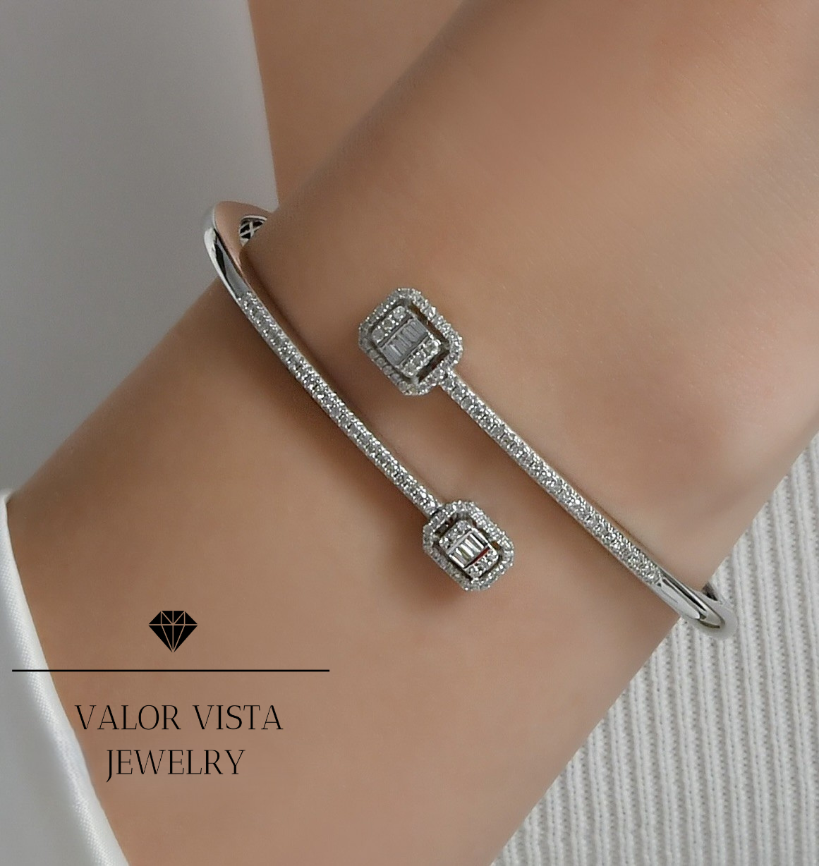 Cross Over Baguette and Round Diamond Bangle 14k