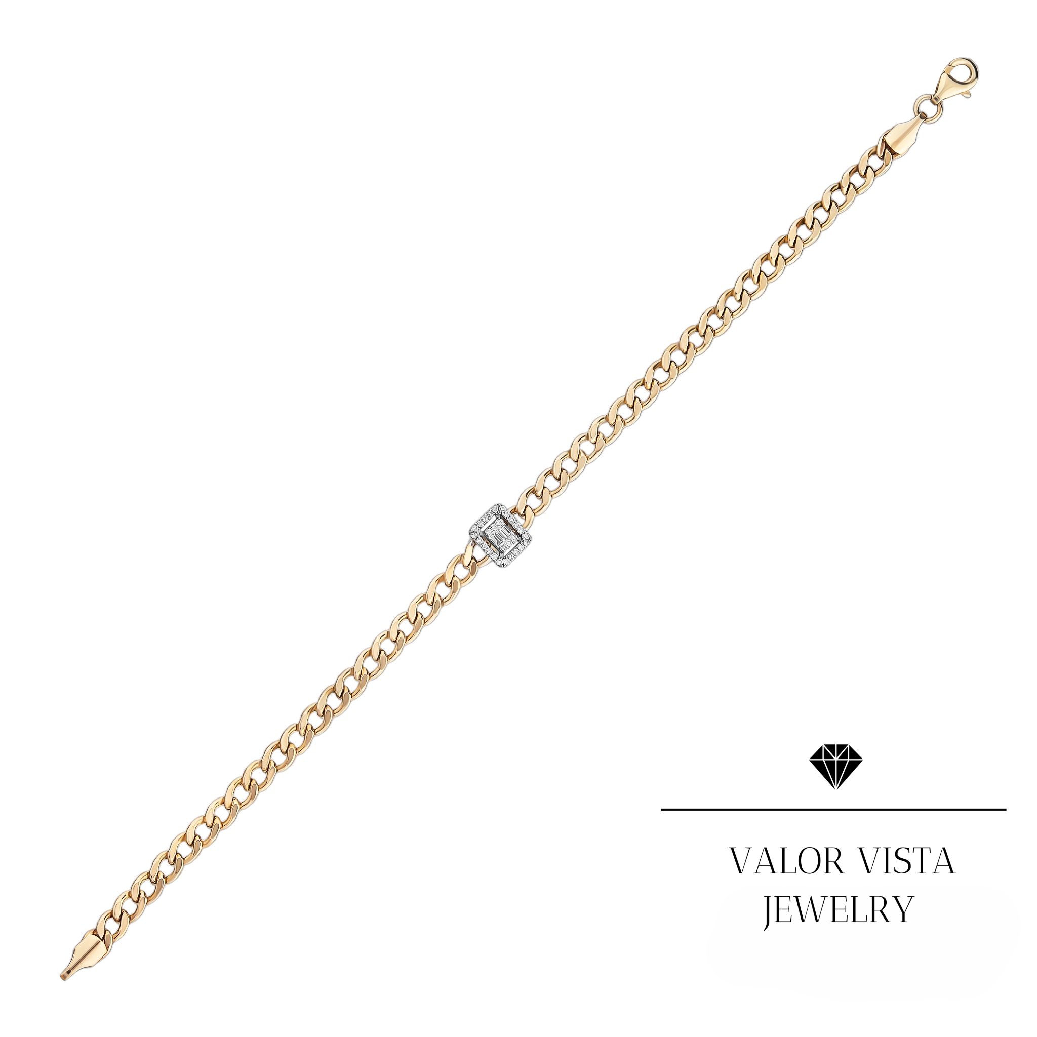 Mini Baguette Diamond Curb Bracelet 14k Gold